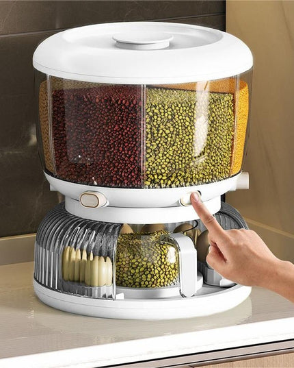 Dozator etajat de cereale rotativ 360, 6 compartimente, capacitate 10L, cofrag special pentru oua, vas pentru scurgerea cerealelor