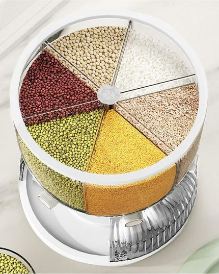 Dozator etajat de cereale rotativ 360, 6 compartimente, capacitate 10L, cofrag special pentru oua, vas pentru scurgerea cerealelor