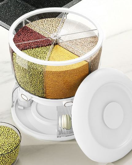 Dozator etajat de cereale rotativ 360, 6 compartimente, capacitate 10L, cofrag special pentru oua, vas pentru scurgerea cerealelor