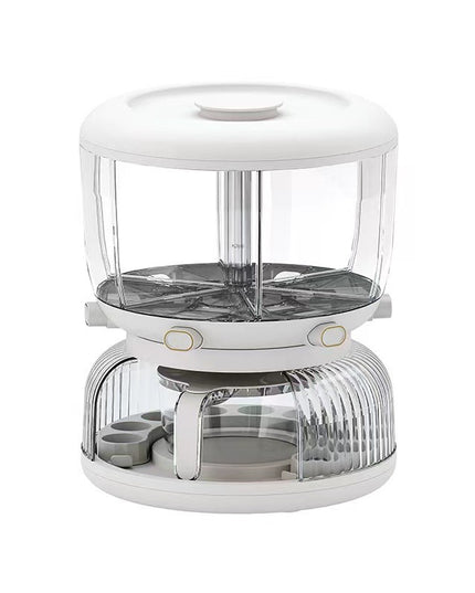 Dozator etajat de cereale rotativ 360, 6 compartimente, capacitate 10L, cofrag special pentru oua, vas pentru scurgerea cerealelor