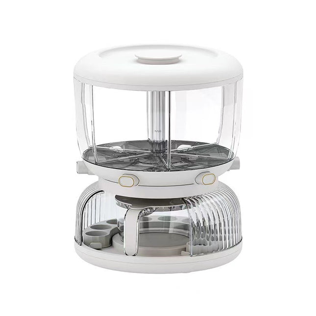 Dozator etajat de cereale rotativ 360, 6 compartimente, capacitate 10L, cofrag special pentru oua, vas pentru scurgerea cerealelor