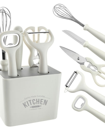 6 ustensile bucatarie cu suport inclus, desfacator, curatator legume, foarfeca, cutit, tel, ABS si inox
