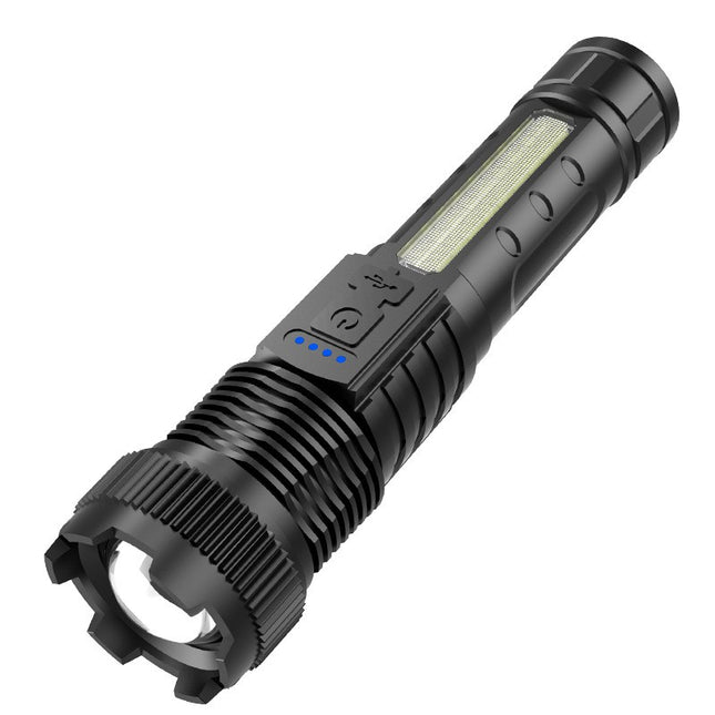 Lanterna LED Telescopica, Incarcare USB, Raza 200 m, 100W, 2 Surse de Lumina, 1200 mAh, Model P50, 16 x 3.8 x 3 cm