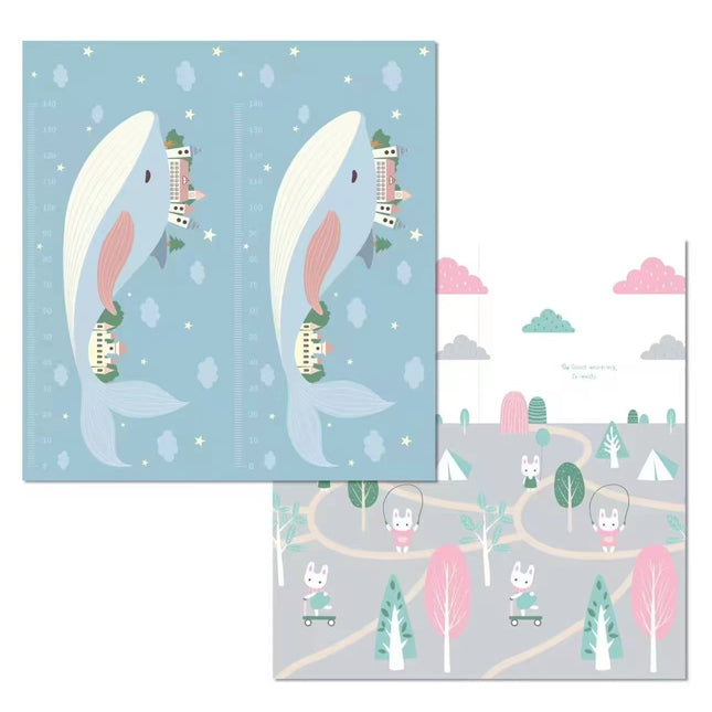 Covoras pentru Copii, cu 2 Fete, Model Balene/Iepurasi, din XPE+PE, Impermeabil, Antiderapant, Protectie Termica, +3 Luni, Pliabil