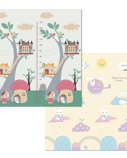 Covoras pentru Copii, cu 2 Fete, Model Casute in Copaci/Iepurasi, din XPE+PE, Impermeabil, Antiderapant, Protectie Termica, +3 Luni, Pliabil